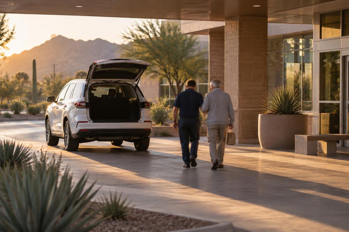 A driver and a client carrying a small paper bag walking together past a white SUV with its tailgate open at a hospital drop-off canopy