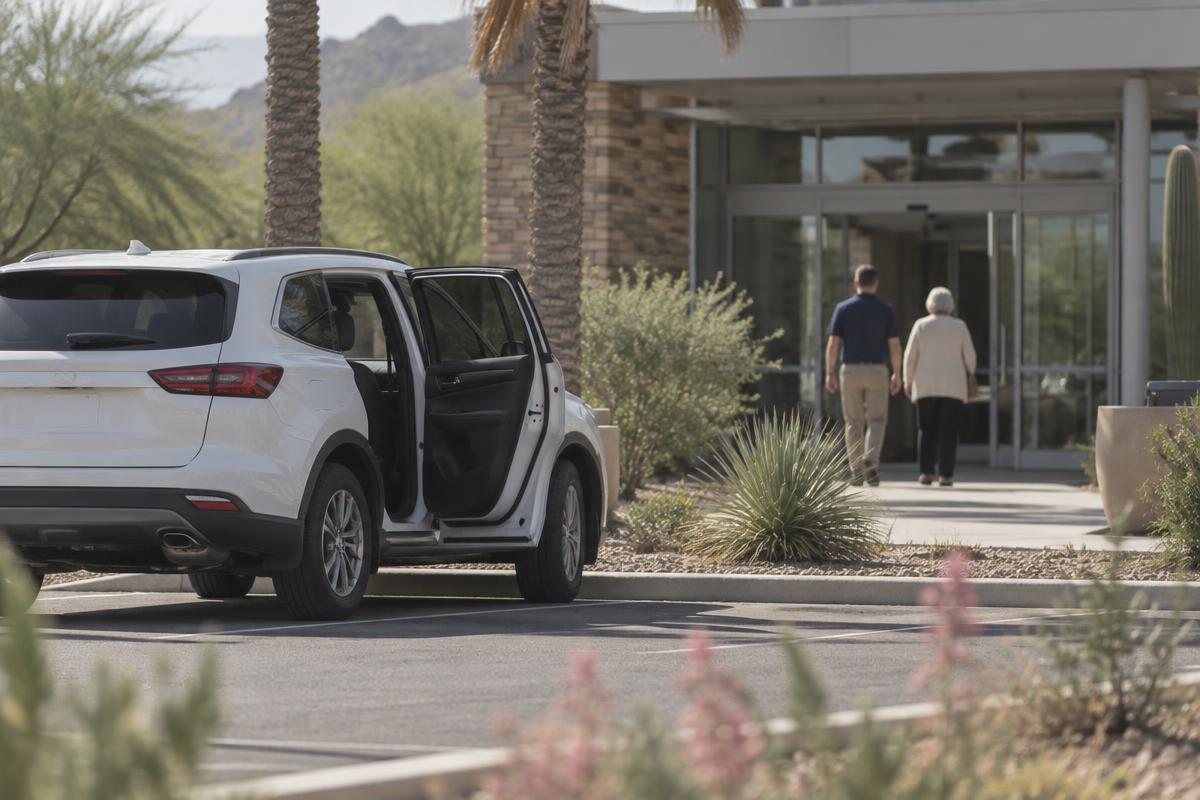 A driver and a client walking toward the glass entrance of a medical office, with the rear door of a white SUV left open behind them
