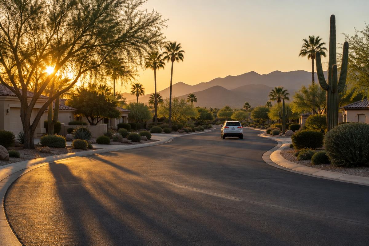 A quiet tree-lined street in Arizona's East Valley at golden hour with a white SUV driving away in the distance