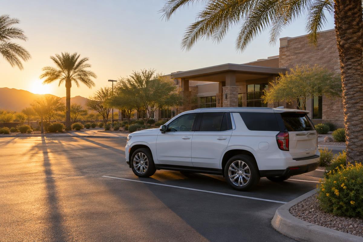 A white SUV parked on its own in the shade of a palm tree outside an outpatient surgery centre at sunrise